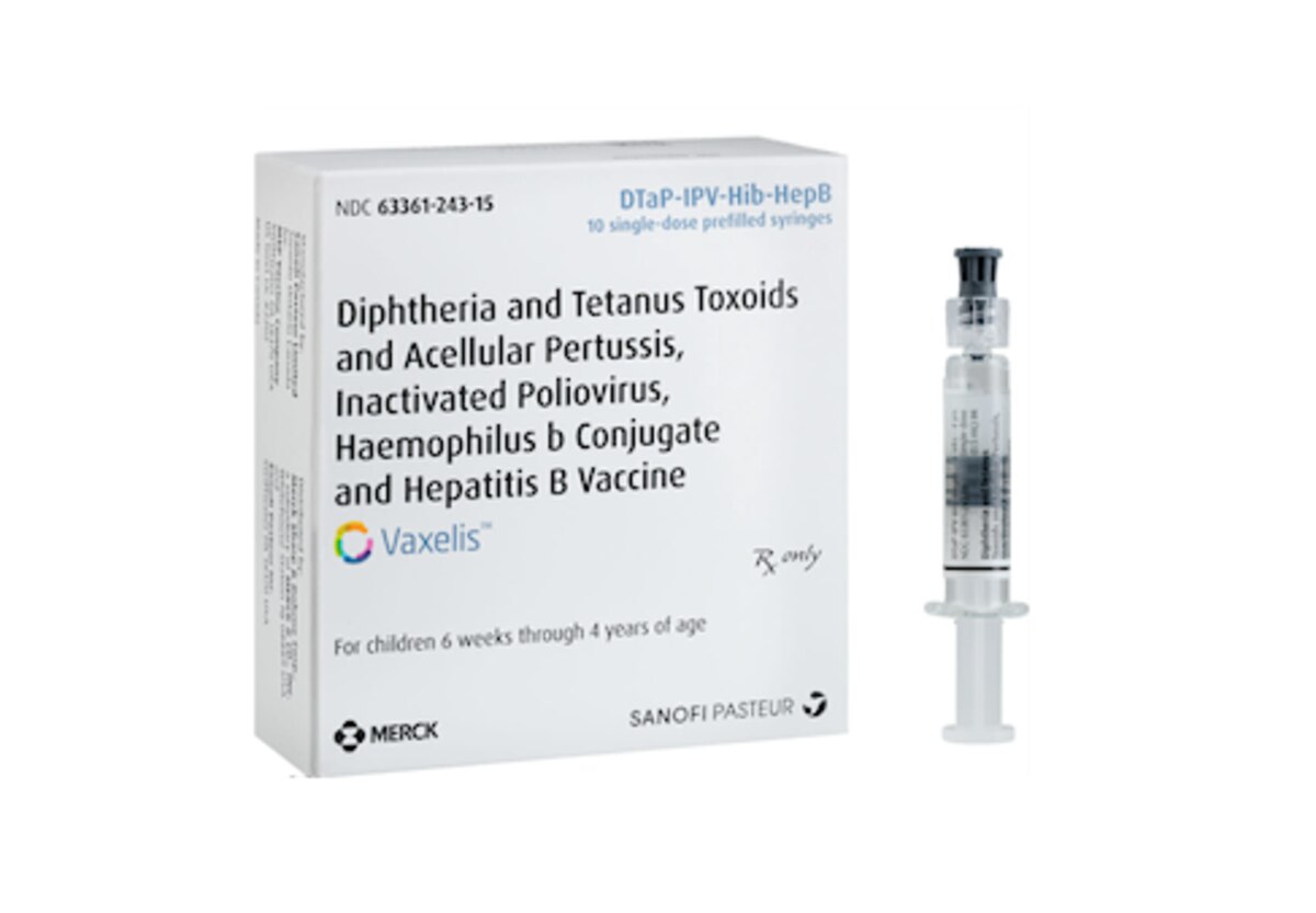 VAXELIS DTaP-IPV-Hib-HepB pediatric vaccine carton with ten 0.5 mL prefilled syringes, NDC 63361-243-15